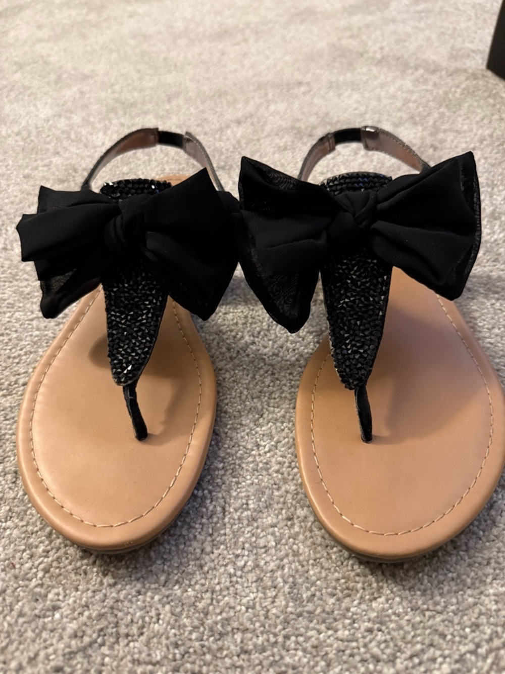 Material Girl Black Bow T-Strap Sandals with Sparkle Detail